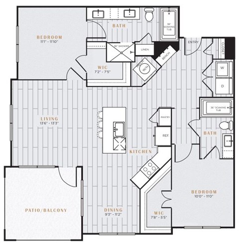 Floor plan for 2 beds, 2 baths, 1239 sqft